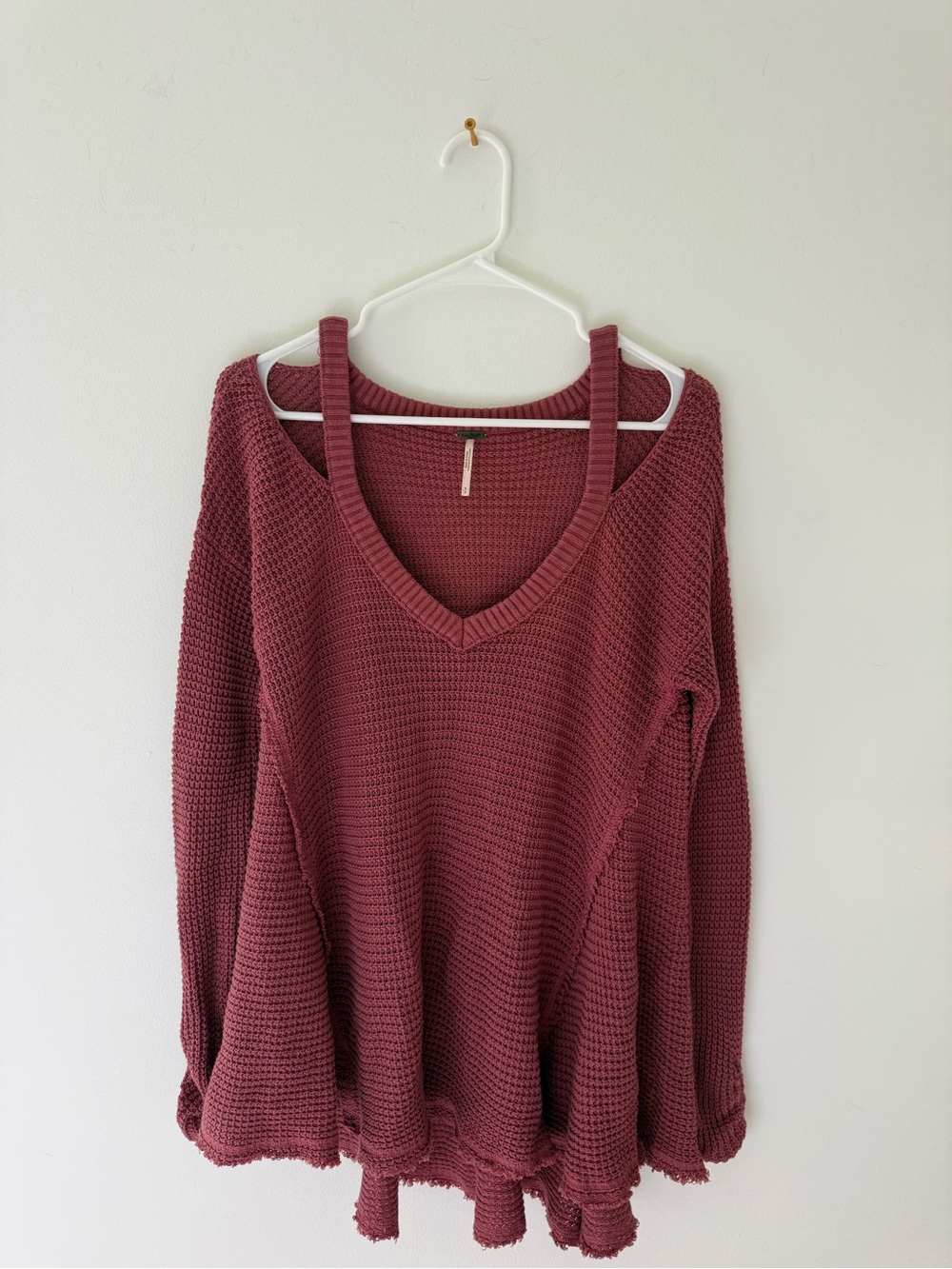 Free Purple Cold Shoulder Waffle Knit Sweater